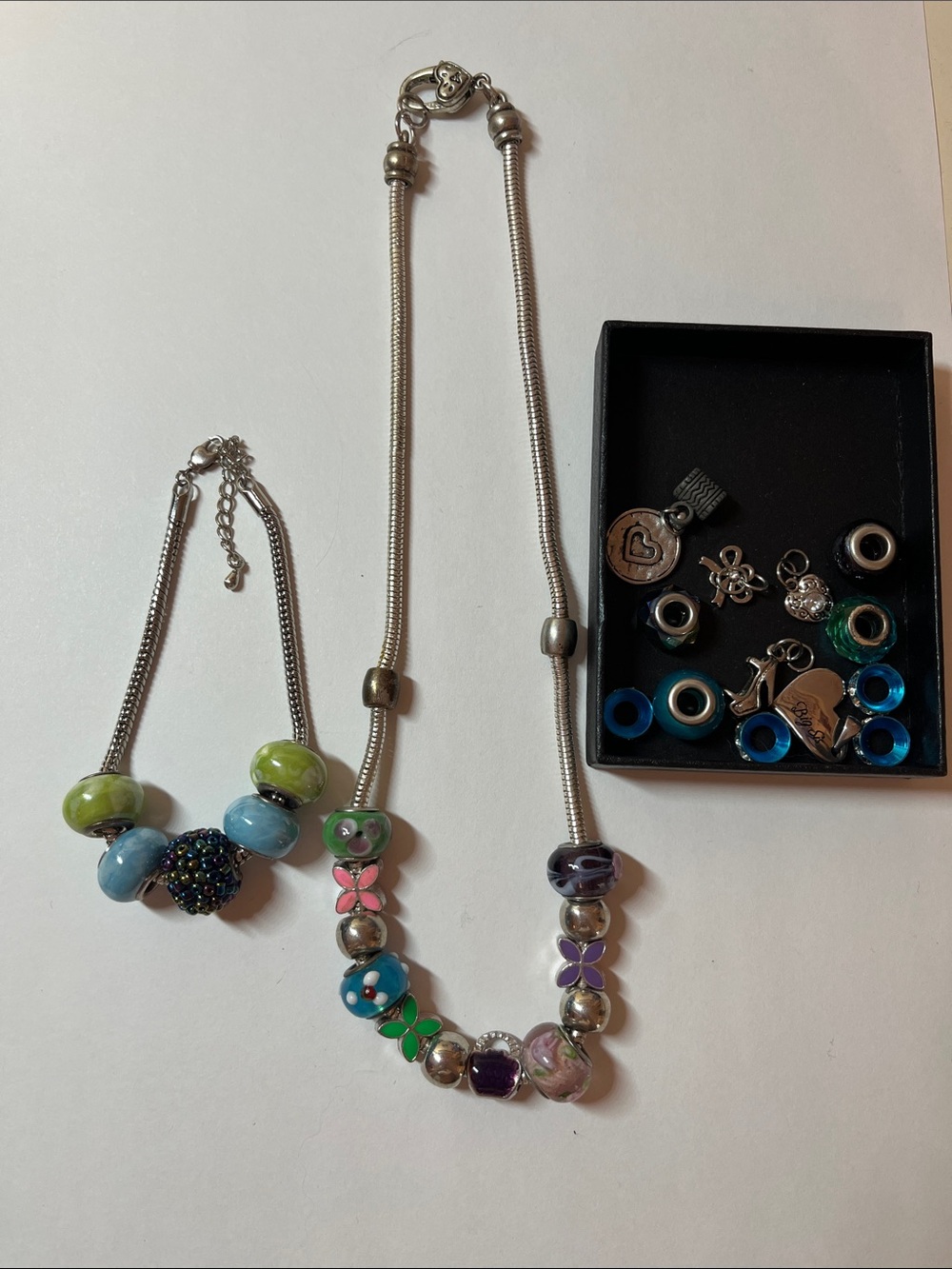 Pandora style necklace and bracelet with extra charms
